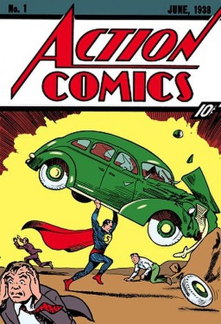 Action Comics Nr. 1 – Originalcover vom Juni 1938: Superman hebt ein Auto. Zeichnung von Joe Shuster.
